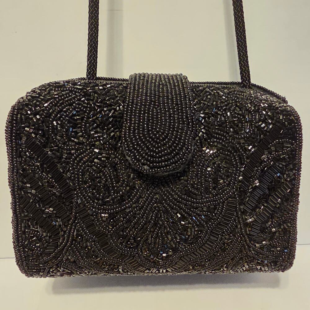 Talbots Black Beaded Evening Bag long black corded strap pockets snap closure